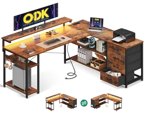 ODK Corner Desk with Drawers, L Shaped Gaming Desk with LED Lights & Power Outlets, Reversible...