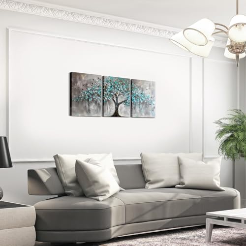 Homewish Tree of Life Canvas Wall Art for Living Room,Teal Blue Gray Abstract Picture Prints for Bedroom Office Home Decoration Modern Nature Landscape Painting Artwork - Image 3