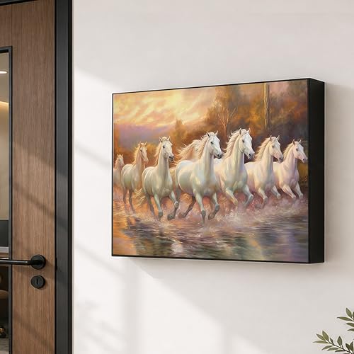 Image of Electric MCB Box Cover Frame With Hydraulic Decorative Painting White 7 Running Horse Painting Electrical Panel box Cover, Switch Box Frame Will Fit Max 10x14 inch Switch Board, Outer Size 13X17 Inch