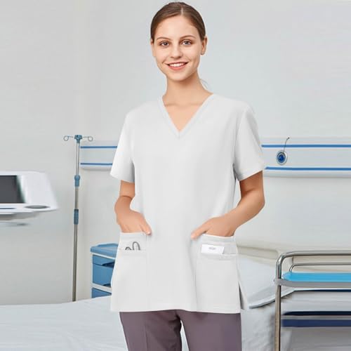 Image of FONMA Scrub Tops Women Plus Size Stretchy V-Neck Scrub Shirts with 4 Pockets Breathable Short Sleeve Nurse Uniforms