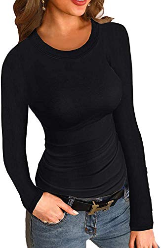 DAOMUMEN Womens Round Neck Shirts Long Sleeve Slim Fit Ribbed Knit Basic Tops Black DAOMUMEN Womens Round Neck Shirts Long Sleeve Slim Fit Ribbed Knit Basic Tops Black
