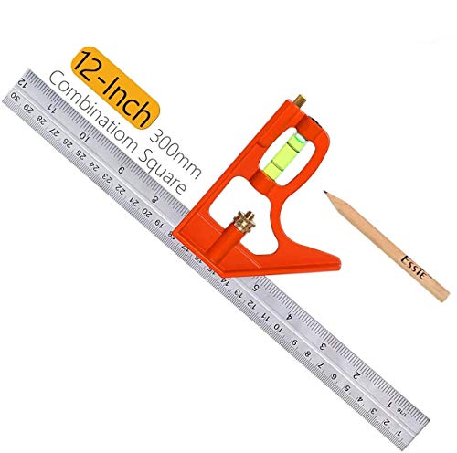 12-Inch Combination Square Ruler - Esste 1 foot (300mm) Universal Adjustable Stainless Steel Level Lay out Tool Metric & British System Graduations Heavy Duty with Accurate 45 and 90 Angles