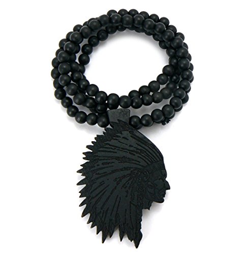 NYFASHION101 Native American Chief Wood Pendant 36" Wooden Bead Chain Necklace, Black