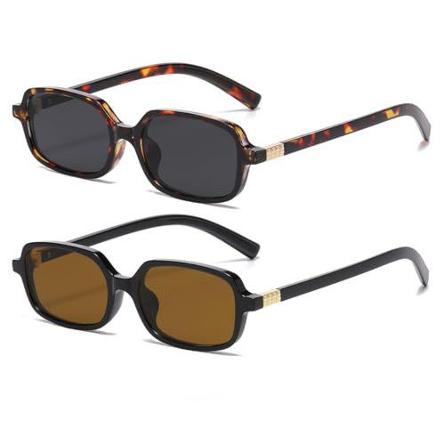 JOVAKIT 2Pcs Retro Rectangle Sunglasses for Women Men Trendy Small Square Sunglasses 90s Vintage Shades
