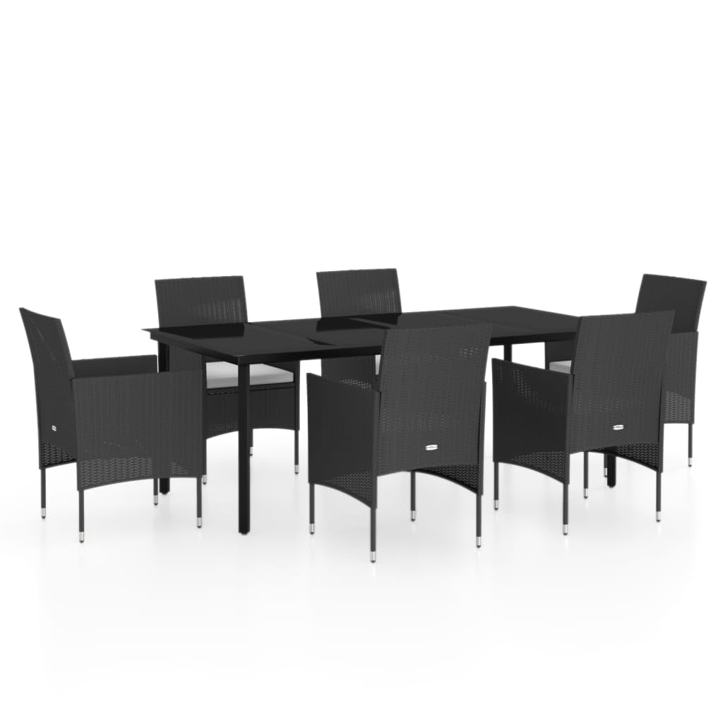 Conjunto de comedor de jardín con cojines de ratán sintético negro, marco de acero recubierto de polvo y mesa de cristal, resistente al agua, hasta 110 kg por asiento