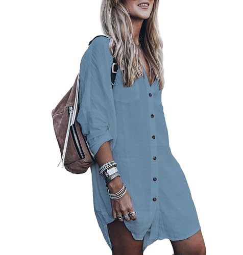 Image of Women's Swimsuit Cover up,Silky Button Down Shirt Midi Dress Kimono,Summer Bathing Suit Beach Coverups for Women (CP-Aline)