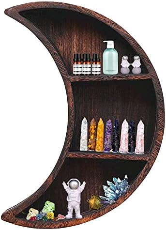 Ubrand Moon Shelf Room Decor,Crystal Shelf, Reversible Wooden Essential Oil Shelf,Wall Mounted Floating Shelves,Burnt Color Crystal Jewelry Holder