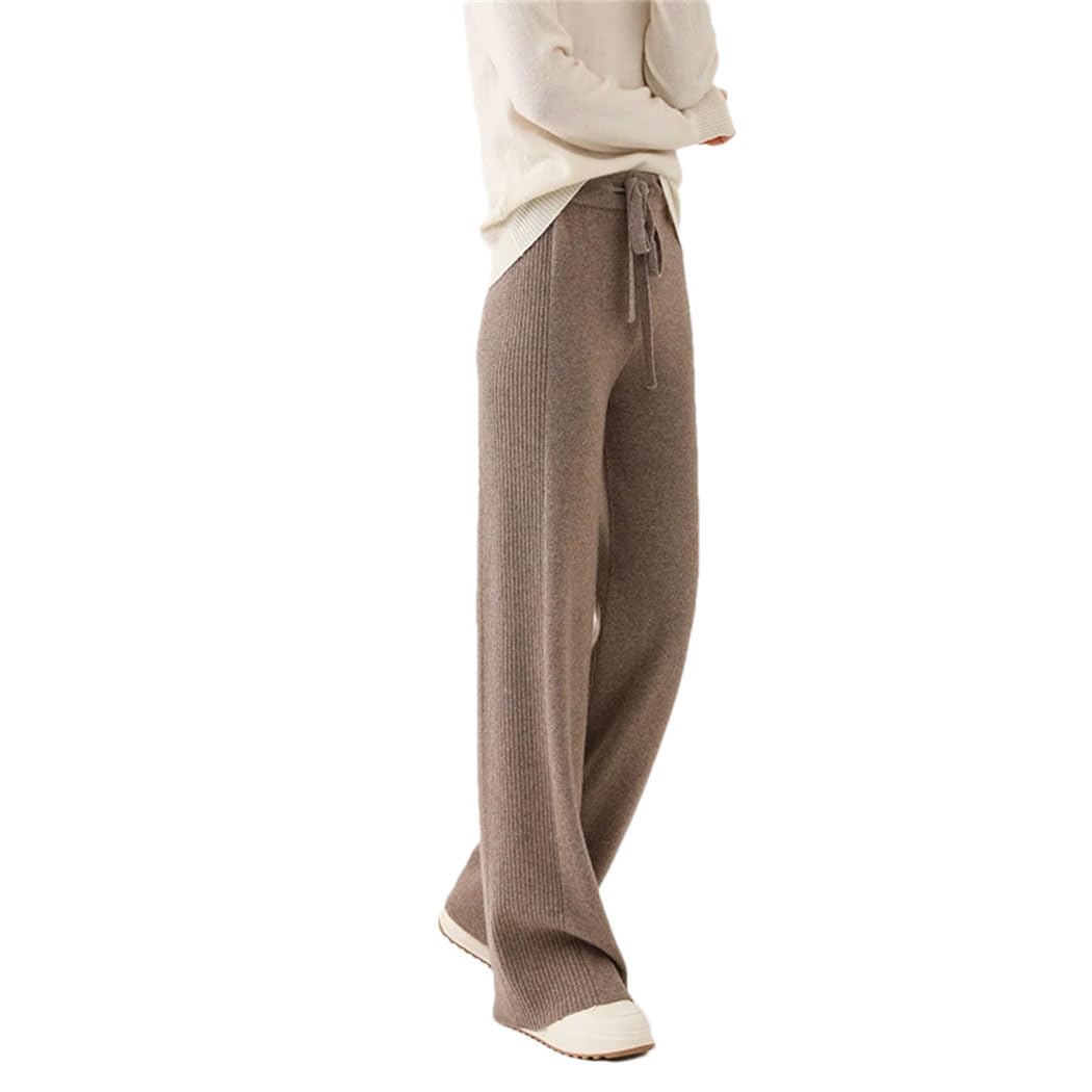 Womens Elastic Waist Wide Leg Pants 100 Merino Wool Knit Pant Winter Soft Warm Trousers with Drawstring
