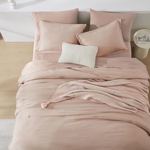 Image of Queen Comforter Set-7 Pieces Soft Prewashed Bed in a Bag Queen Bedding Sets | All Season Comforter with Sheets, Pillow Shams & Pillowcases,Clay Pink