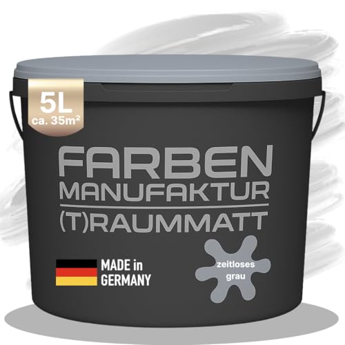 Farben Manufaktur Wandfarbe Zeitloses Grau Edelmatt 1-10 L [SEHR DECKEND] für ca. 7-8 m² – Atmungsaktive Innenwandfarbe – Schnelltrocknende Innenfarbe - Dispersionsfarbe Grau 1L