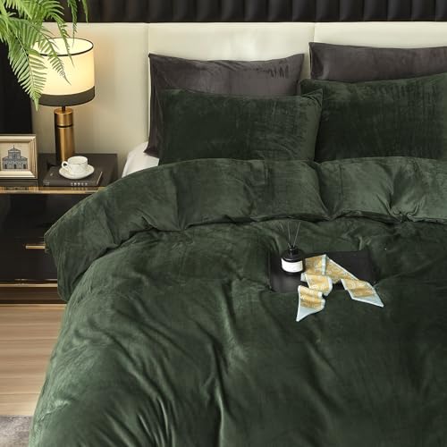 Ivellow Velvet Duvet Cover King Set Dark Green Comforter Cover 3Pcs Ultra Soft Cover Breathable Solid Luxury Flannel Velour Duvet Cover Zipper Closure Corner Tie
