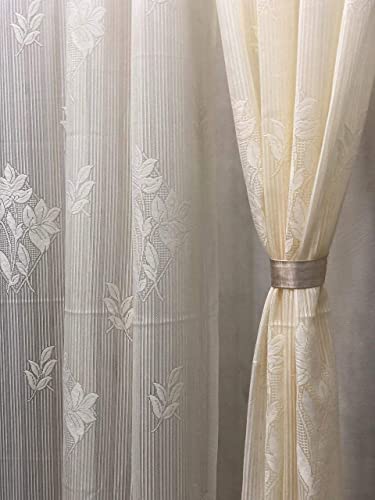 Image of Honger Polyester Beautiful Decorated Net Tissue Pack of 2 Pecs Curtains Cream Stripe Net Curtains for 4 x 9 Feet Long Door Curtains for Living Room || Home Sheer Curtains
