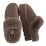 CUSHIONAIRE Husky Women’s Platform Slippers | Genuine Suede, Faux Fur Lining, Memory Foam, Wide Widths | Fuzzy Platform Slippers for Women | TAUPE 8.5W