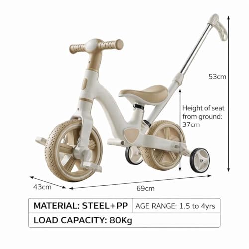 Image of MUMMAMIA 4 in 1 Tricycle with Push Handle, Converts to Balance Bike, 10 Inch Toddler Bicycle, Push Bike 18 Months to 4 Years, Unisex (Khaki)