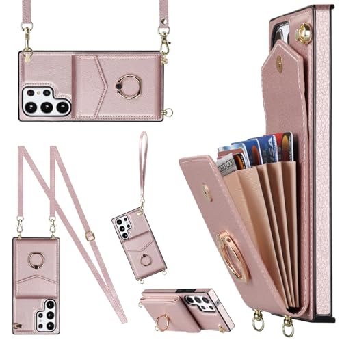 Coque Samsung S22 Ultra en cuir PU chic rose avec bandoulière et blocage RFID