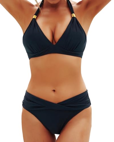 Image of Yonique Women Two Piece Bathing Suits Push Up Bikini Set Halter Swimsuit Vintage Swimwear