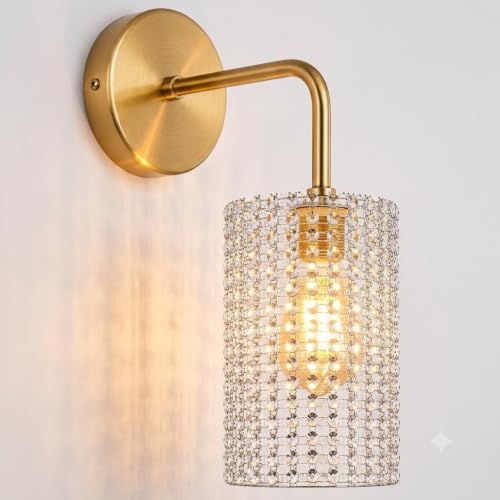 Image of Antique Modern Single Golden Brass Wall Light with Silver Crystal Acrylic Glass Shade Hanging Sconce Lamps Design for Bedroom Living Room Bathroom Bedside Vanity Hall Home Decor Hotel Bar