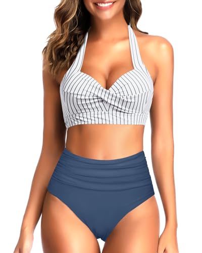 Image of Tempt Me Women Two Piece Swimsuit High Waisted Bikini Halter Vintage Retro Bathing Suit Push up Swimwear