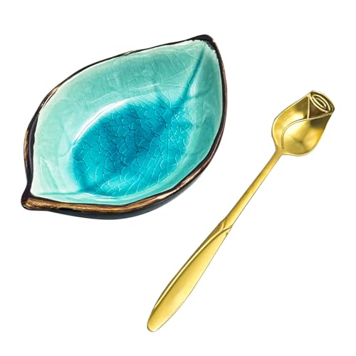 Coffee Spoon Rest, Ice Cracks Leaf Small Spoon Holder for Stove Top, Teaspoon Rest for Kitchen Counter, ceramic utensil holder for Coffee Bar Accessories(Ice Cracks Lake blue with Gold Rose Spoon)