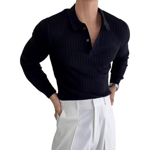 Mens Ribbed Long Sleeve Knit Sweater Solid Shirt Pullover Tops Casual Bottom Knitted Polo Long Shirt