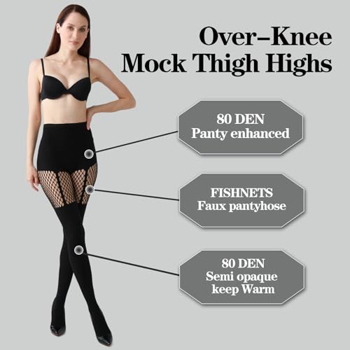 2 Pairs Faux Thigh High Tights Mock Suspender Pantyhose for Women Fishnet Tights Over the Knee Goth Stockings4