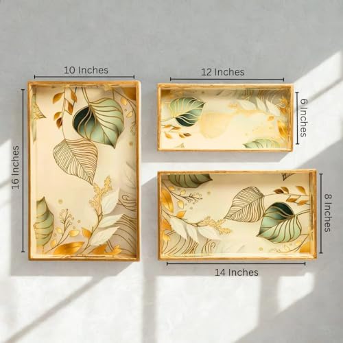 Image of Wooden Serving Tray | Sizes: 16 x 10 inches, 14 x 8 inches, 12 x 6 inches | Enamel Coated Waterproof | Rectangular | Tray for Decoration | Premium| Green Leaf Tray Set | Set of 3