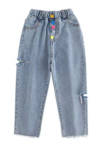 Girls Ripped Hole Elastic Waist Jeans Distressed Denim Pants