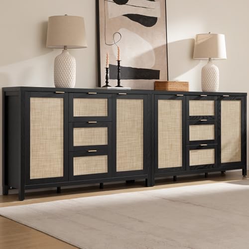 Image of SICOTAS Sideboard Buffet Cabinet with 3 Drawers, Rattan Storage Cabinet | 52 Inch Larger Farmhouse Boho Credenza Coffee Bar Cabinet with Storage, Console Table for Living Room, Kitchen, 2 Pieces