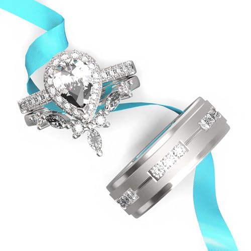 Couple Ring Bridal Set His And Hers Women 925 Sterling Silver Square Cut Moissanite Ring Set Men Titanium Band Wedding Ring Band Set With Jewelry Box