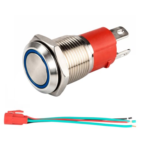 GUUZI 220V-230V/15A Botón Pulsador Momentáneo NO Impermeable Luz LED Azul Iluminado Botón de Arranque de Energía de Metal de 16mm con Cable de Enchufe