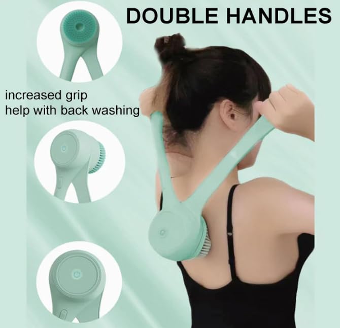 Cepillo de baño de doble mango, cepillo eléctrico para el cuerpo, cepillo de espalda para ducha, cepillo de limpieza profunda con mango largo, masaje exfoliante de giro automático cepillo (Verde)