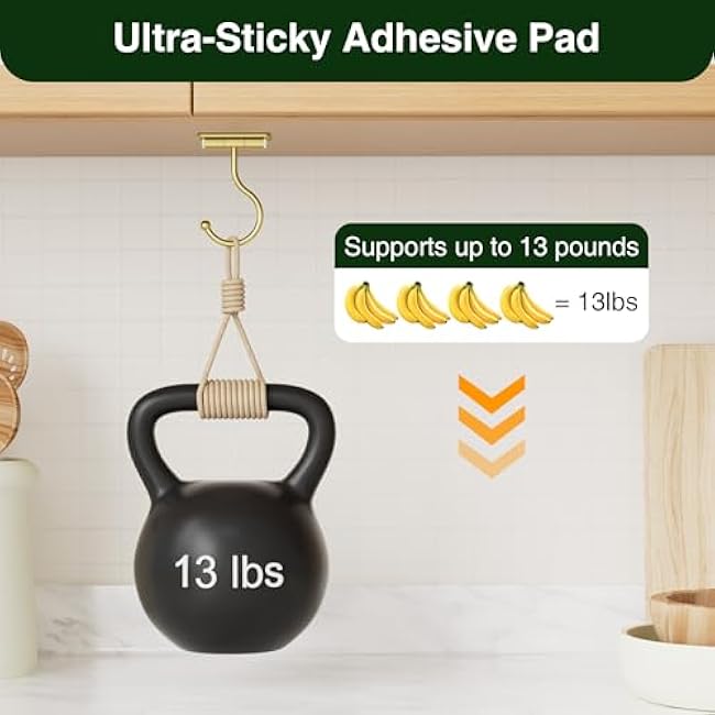 Under Cabinet Banana Hook Adhesive - Sticky Banana Hanger Under Counter, Sturdy Metal Banana Holder for Hanging Bananas or Kitchen Utensil, Banana Saver, Keeps Bananas Fresh, Gold