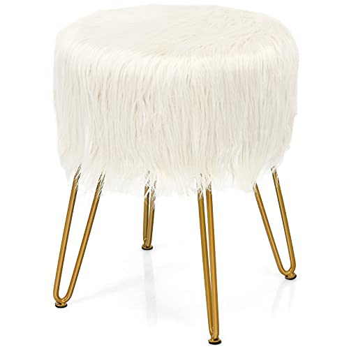 Giantex Faux Fur Vanity Stool Chair, Round Footstool Ottoman with Metal Legs for Living Room, Fluffy Chair with Furry Padded Seat, Makeup Stool for Bedroom, Decorative Furniture Footrest White