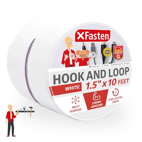 XFasten Hook and Loop Roll, White 1.5-in x 10-Ft Hook and Loop Tape Heavy Duty Strips with Adhesive, Fastening Strips with Adhesive for Fabric, Tools