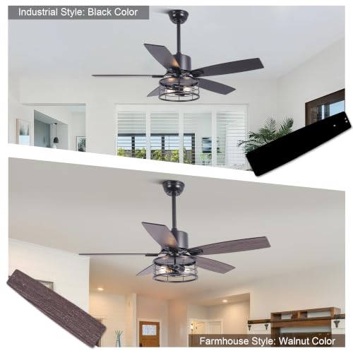 Image of 46 inch Farmhouse Ceiling Fan with Lights Remote Rustic Ceiling Fan | Industrial Caged Fandelier, Black Chandelier Light for Living Room Indoor Outdoor, Reversible DC Motor 6 Speeds, 2 E26 Bases