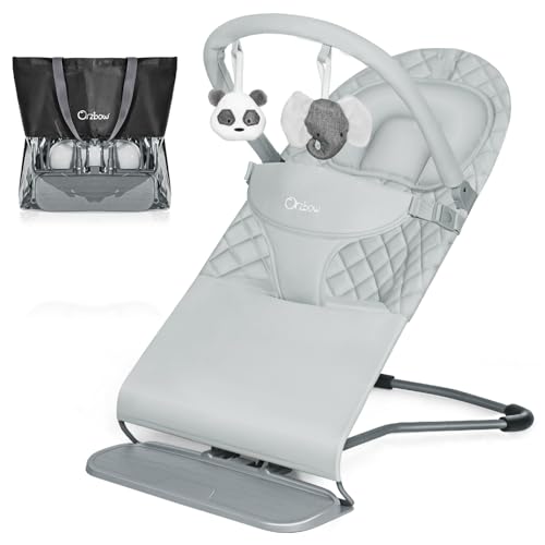 Image of Orzbow Portable Baby Bouncer, Foldable Baby Bouncer Seat with Storage Bag and Removable Play Bar, 3 Recline Positions, 0-12 Months Up to 20lbs, Ergonomic Design, Easy to Wash, Grey