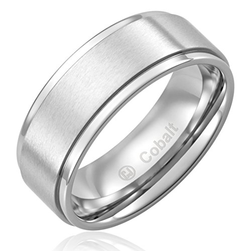 Cavalier Jewelers 8MM Cobalt Chrome Ring Wedding Band - Flat Brushed Top and Polished Finish Edges [Size 9]