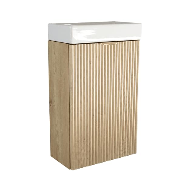 3E 3xE living.com Mueble de baño de 60 cm con encimera de 60 cm, Frente ranurado, Roble Cremona, 60 × 47 × 60 cm