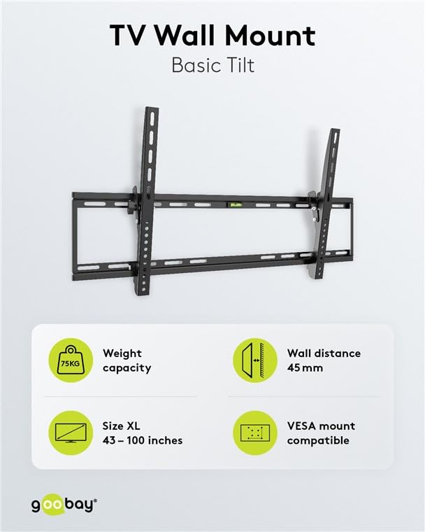 Goobay 85 inch muurbeugel – tv- en monitorhouder – voor beeldschermen van 43 tot 100 inch (max. 75 kg) – kantelbaar – eenvoudige uitlijning en installatie – compatibel met VESA 800 x 400-49743