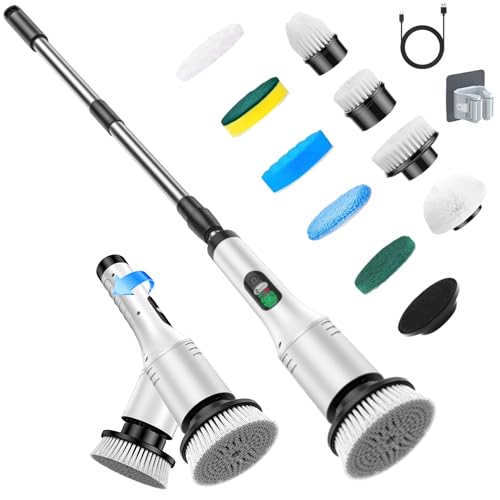 Saffory Brosse De Nettoyage éLectrique RéGlable à Angle De TêTe Avec 9 TêTes De Brosse RemplaçAbles, éTanchéIté IPX6, Long Manche Extensible – 2 Vitesses Pour Salle De Bain/Cuisine/Carrelage/Voiture-image