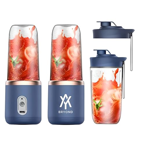 BRYOND Batidora portátil con 2 botellas, 2 tapas, recargable por USB, azul marino con acento oro rosa, licuadora de bebé, mini licuadora, mezcla de jugos, jugos saludables en el gimnasio, en la