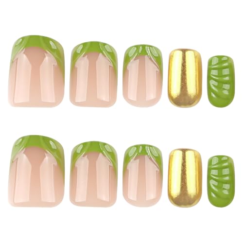 Image of Green Press on Nails French Tip Fake Nails Chrome Glue on Nail Water Ripple False Nail with Design Glossy Full Cover Artificial Acrylic Short Square Stick on Nails for Women Girls Manicure 24Pcs