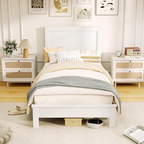KOMFOTT Twin Size Wood Platform Bed Frame with Headboard, Wooden Mid Century Platform Bed with Slat Support & Under Bed Storage, Mattress Foundation Bed Base, No Box Spring Needed, White