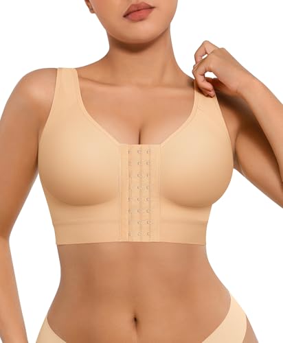 FeelinGirl Post Surgery Bra Front Closure Compression Bra Wirefree Mastectomy Bra with Adjustable Straps Beige
