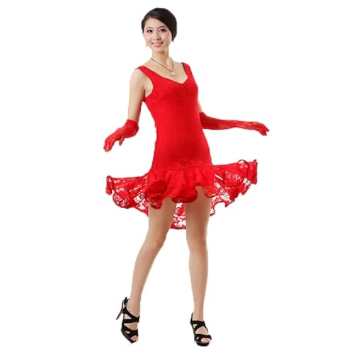NSHZKQ Abito da Ballo Latino in Pizzo Costumi da Ballo da Allenamento Cha Cha Senza Maniche da Donna Abbigliamento da Ballo da Competizione Scollo A V Regalare Guanti,Rosso,XL