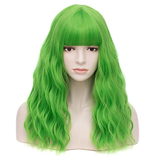 Women's Green Wavy Wig with Bangs Middle Length Synthetic Wigs for Daily Use or Costume with Cap