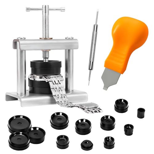 ORAGKE Prensa Tapa Reloj Profesional con 12 Moldes, Herramienta para Cambiar Pilas y Cerrar Cajas de Reloj – Solo para Tapas de Relojes Redondas con Cierre a Presión