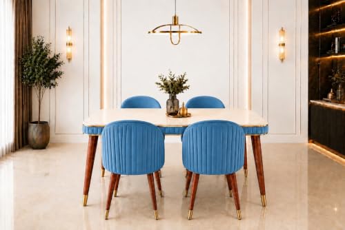 Image of WOODEN SPACE Majestic 4 Seater Wooden Dining Table Set | Urban Marble Top Dining Table with Chairs for Dining Room & Kitchen (Blue Majestic Backline)