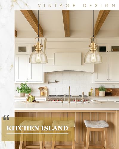 Image of 2-Pack 7.5 inch Brushed Gold Pendant Light Kitchen Island, Amber Shade | Farmhouse Vintage Hanging Light Fixture for Dining Room, Amber Seeded Glass, Adjustable Hanging Height, AD-22151-1P2-GD-OR