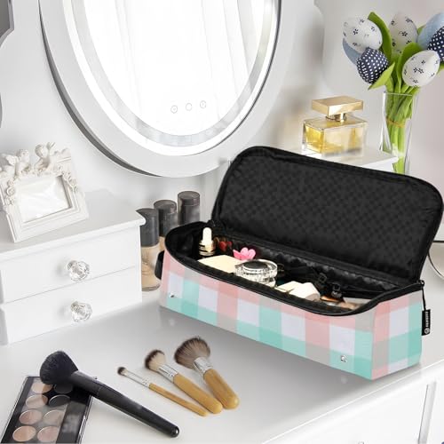 Bolsa de viaje para herramientas de cabello y tapete resistente al calor con cierre para planchas, rizadores y secadores. Organizador impermeable portátil con diseño a cuadros pastel brillante. miniatura 7